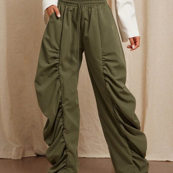 Green Casual Women's Ruched Wide Leg Drawstring Waist contemporary Pants - Picture 2 of 5